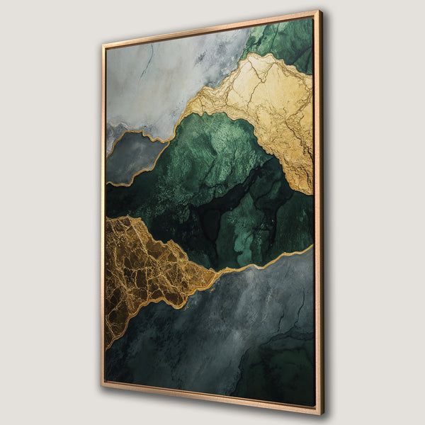 Framed Wall Art featuring an abstract landscape in shades of green, gold, and gray. Modern art canvas print for a stylish home decor upgrade.
