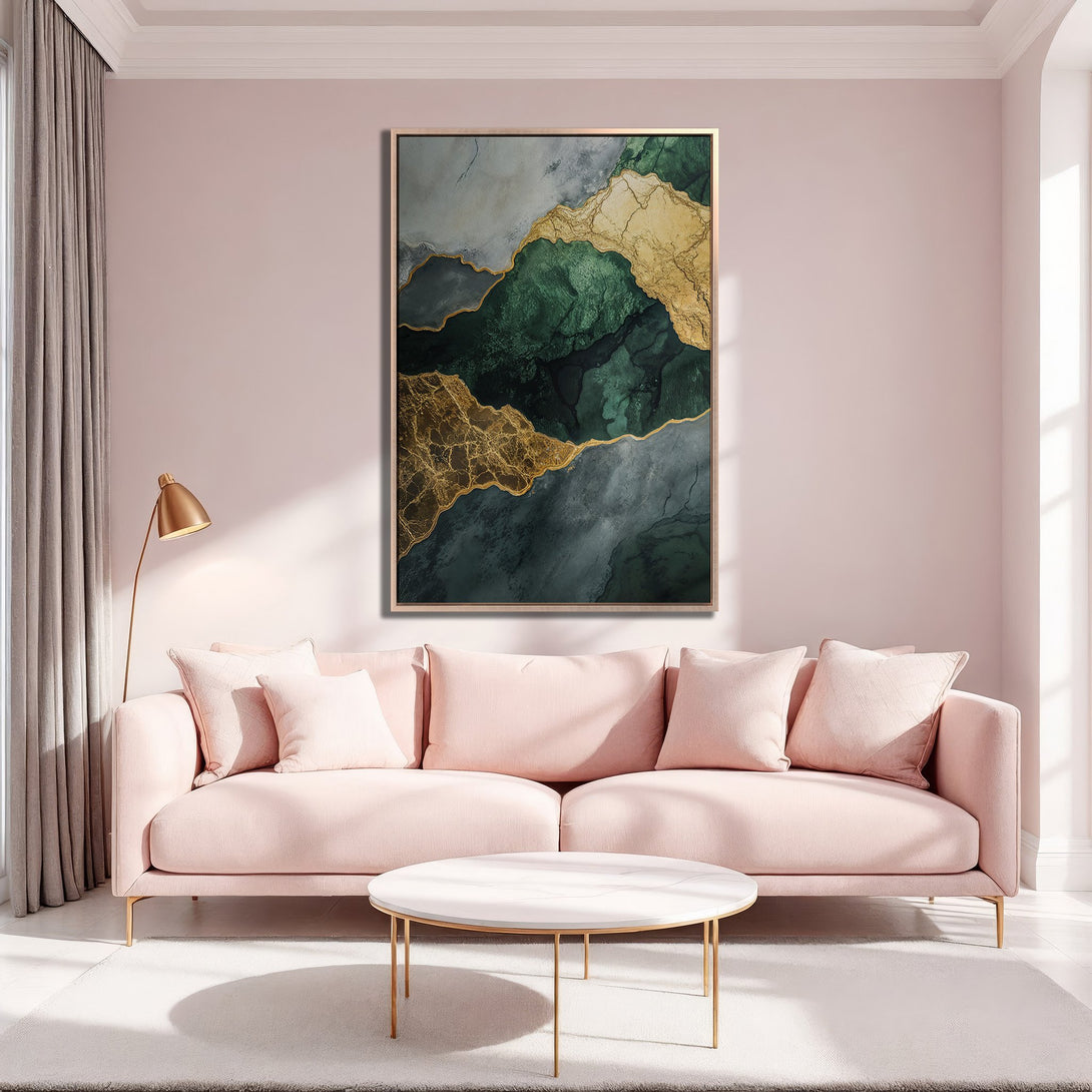 Framed Wall Art featuring an abstract gold and emerald green design. Modern canvas print in a stylish interior with a blush pink color palette.