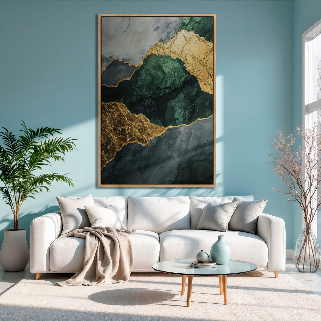 Framed Wall Art featuring abstract mountain landscape in green, gold, and gray tones. Modern art for living room decor.