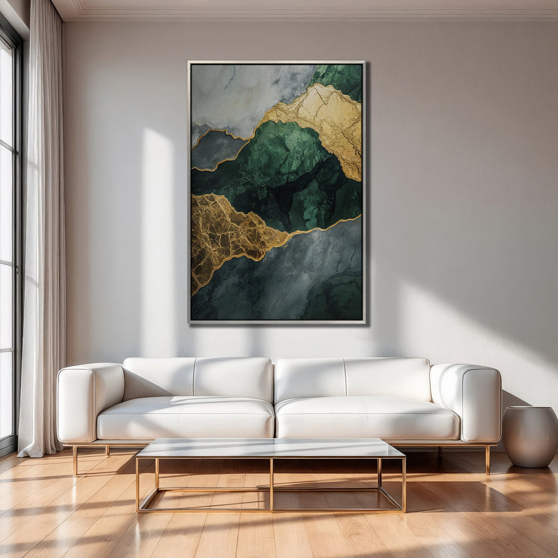 Abstract Canvas Print in gold and green, displayed in a modern interior. Enhance your space with this elegant wall art.