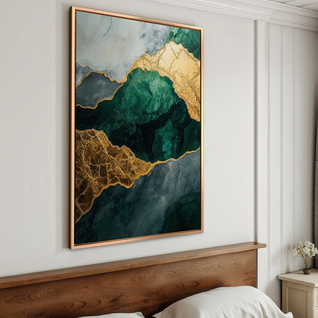 Framed Wall Art featuring an abstract landscape with gold accents and a green and grey color palette, perfect for modern home decor.