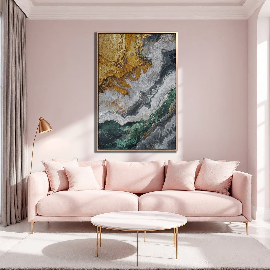 Framed Wall Art: Abstract gold, green, and grey canvas print in a stylish interior. Modern art with a soothing color palette to elevate your space.