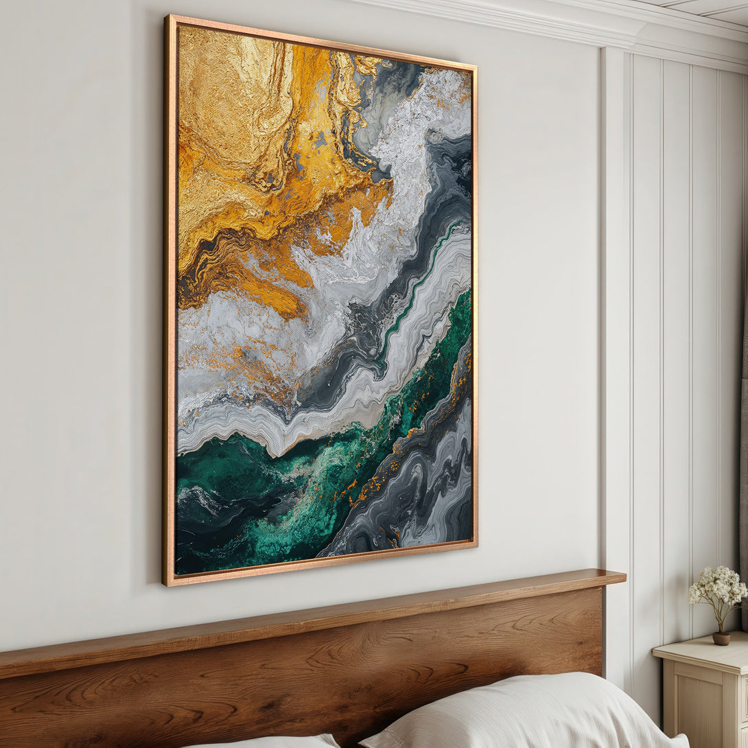 Framed Wall Art: Abstract gold, green, and gray canvas print. Modern art piece with fluid, marbled design. Perfect for adding a touch of luxury to your space.