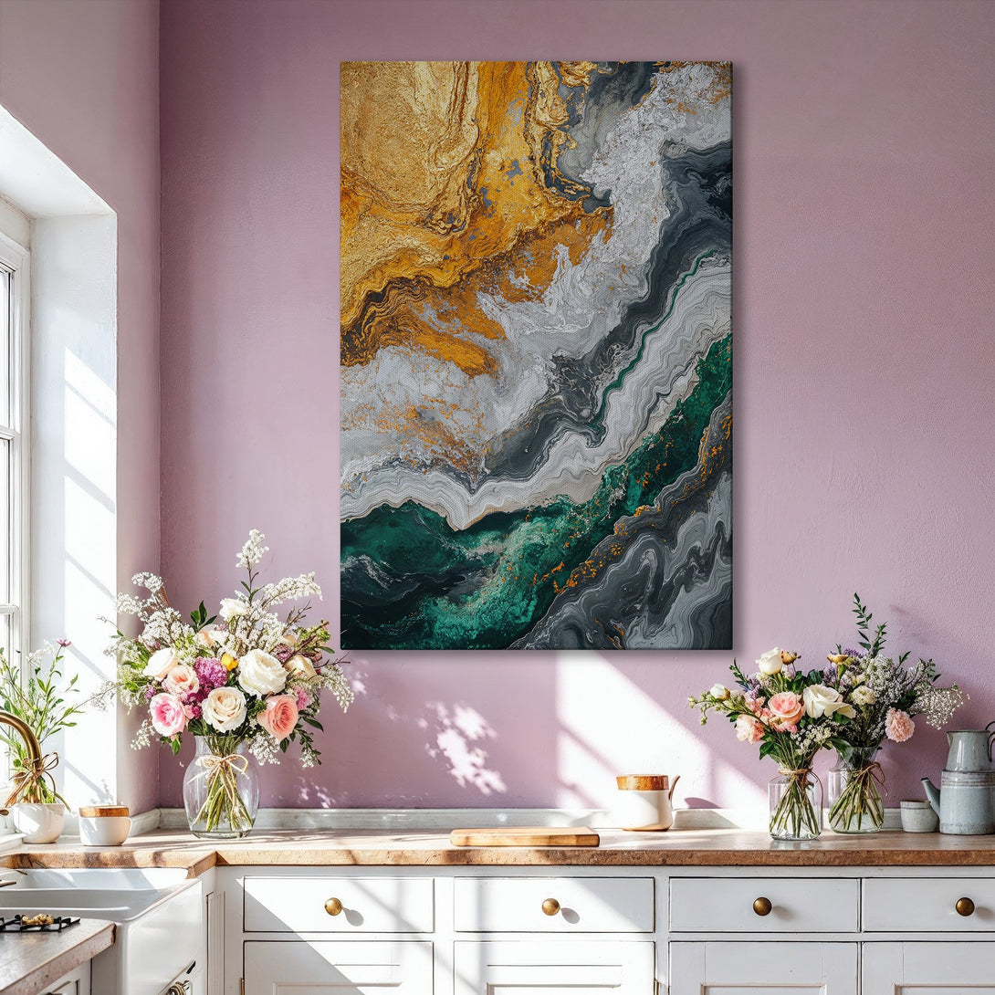 Framed Wall Art: Abstract gold, green, and gray canvas print. Modern art piece adds a touch of luxury to any interior. Shop now for stunning wall decor!