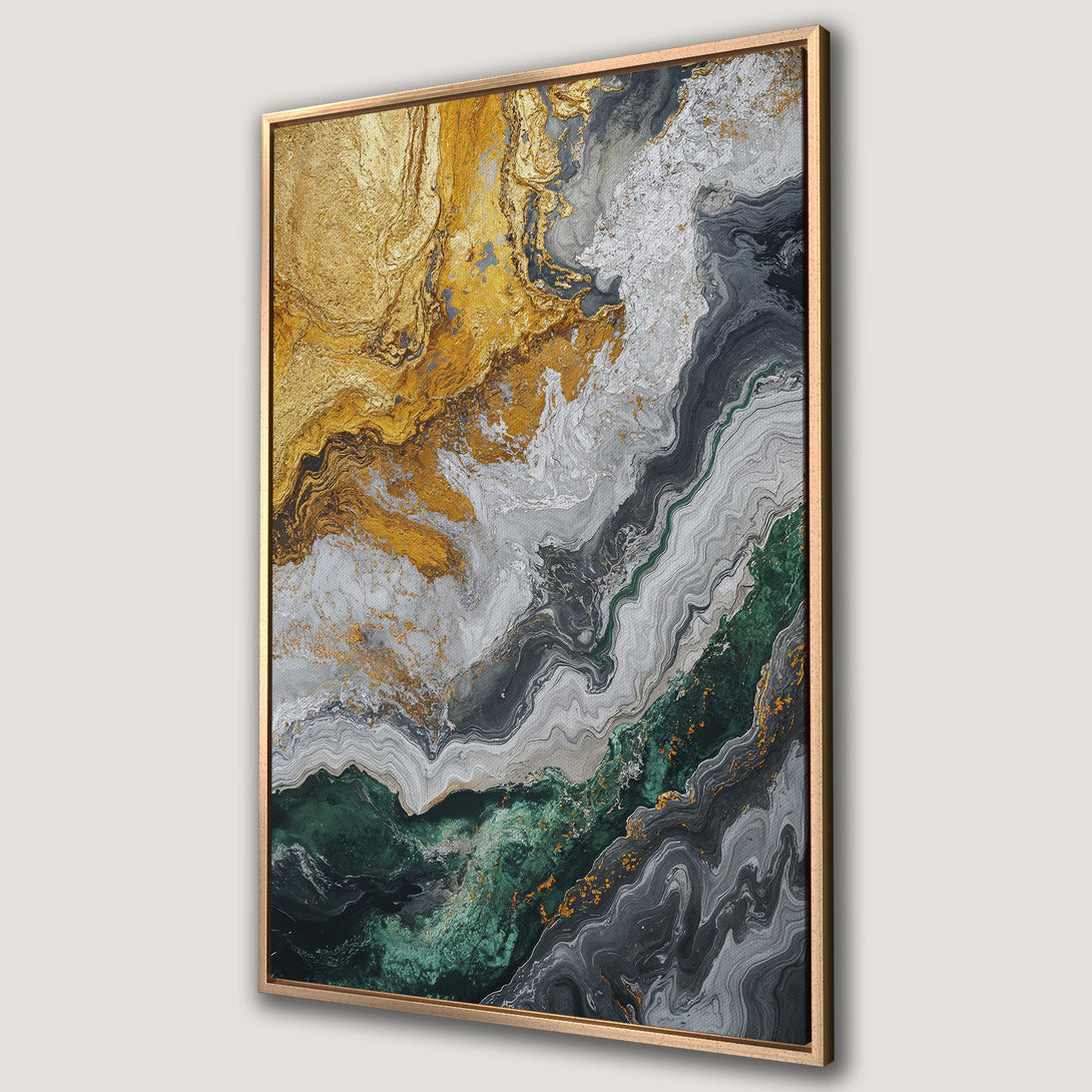 Framed Wall Art: Abstract canvas print with gold, green, and grey tones. Modern art for home decor. Add a touch of luxury to your space!