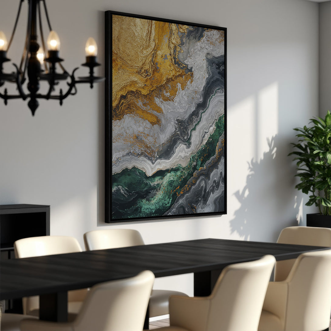 Framed Wall Art: Abstract gold, green, and gray canvas print in a modern dining room. Enhance your space with this stunning artwork!