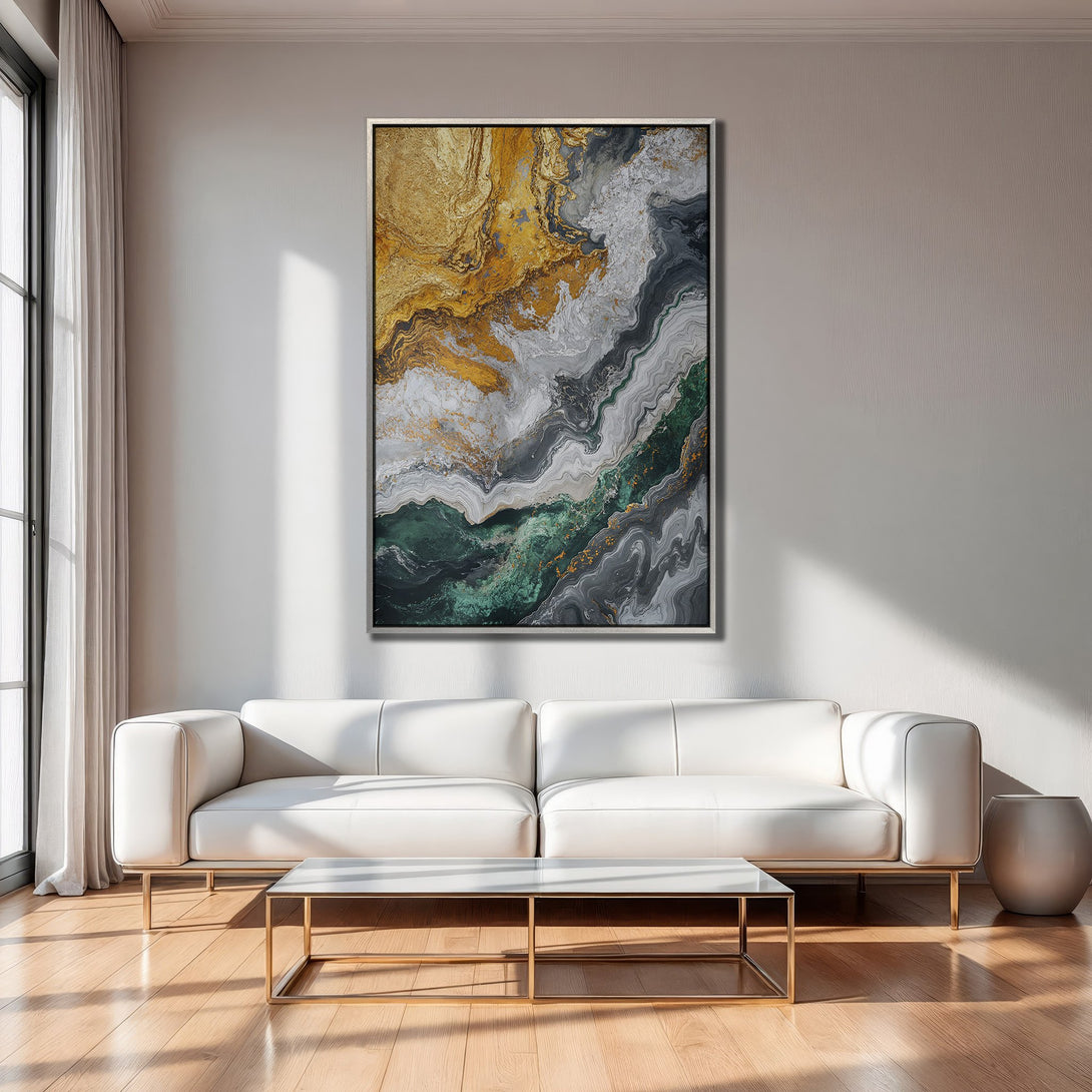 Framed Wall Art: Abstract gold, green, and gray canvas print. Modern art for living room decor. Enhance your space with stylish wall art.