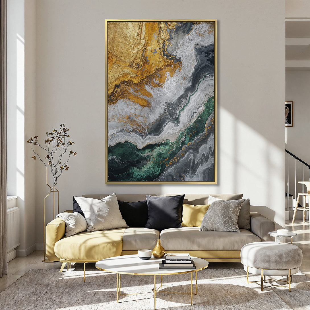 Abstract Canvas Print with gold, green, and gray tones. Modern wall art for a stylish interior.