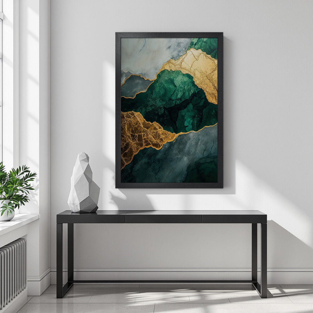 Framed Poster featuring abstract art with emerald green and gold accents. Modern wall decor for a stylish home.