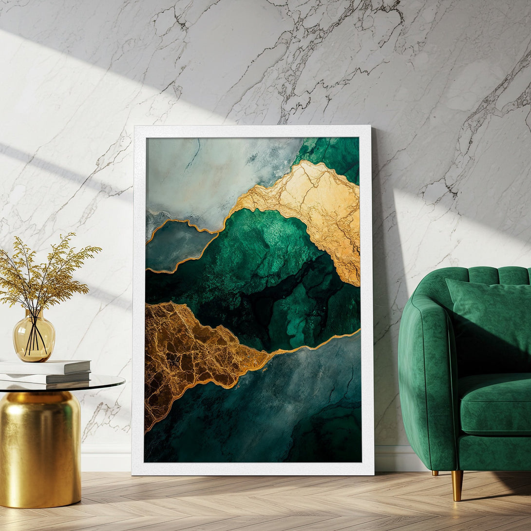 Framed Poster featuring abstract emerald and gold art. Modern wall decor for a stylish home.