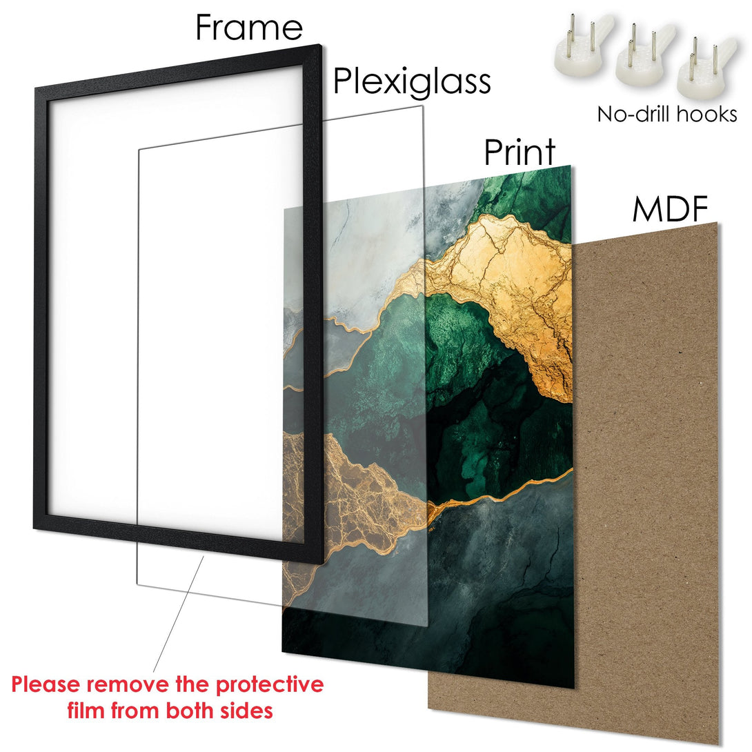 Framed Poster featuring an abstract design with gold and emerald green accents. Modern art style, perfect for home decor.