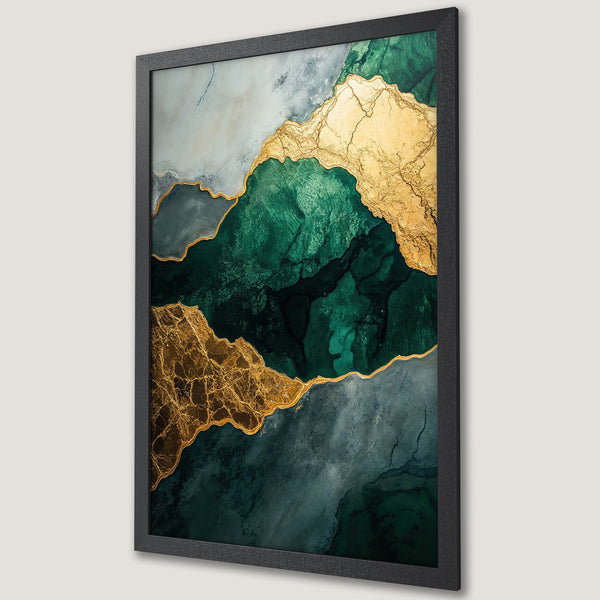 Framed Poster featuring abstract art with emerald green, gold, and gray tones. Modern wall art print for home decor.