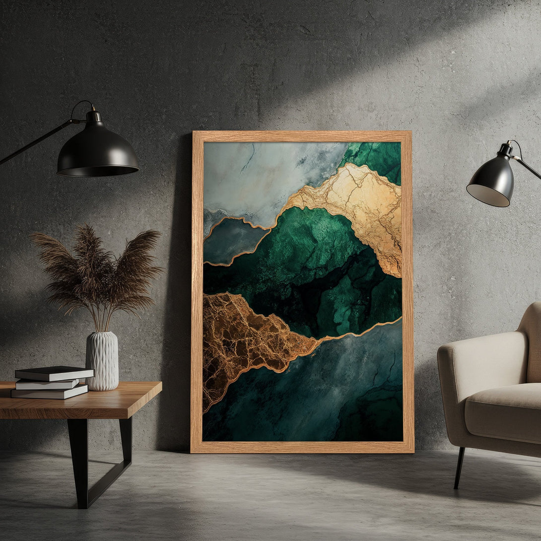 Framed Poster featuring abstract landscape art in emerald green and gold tones. Modern wall decor for a stylish home.