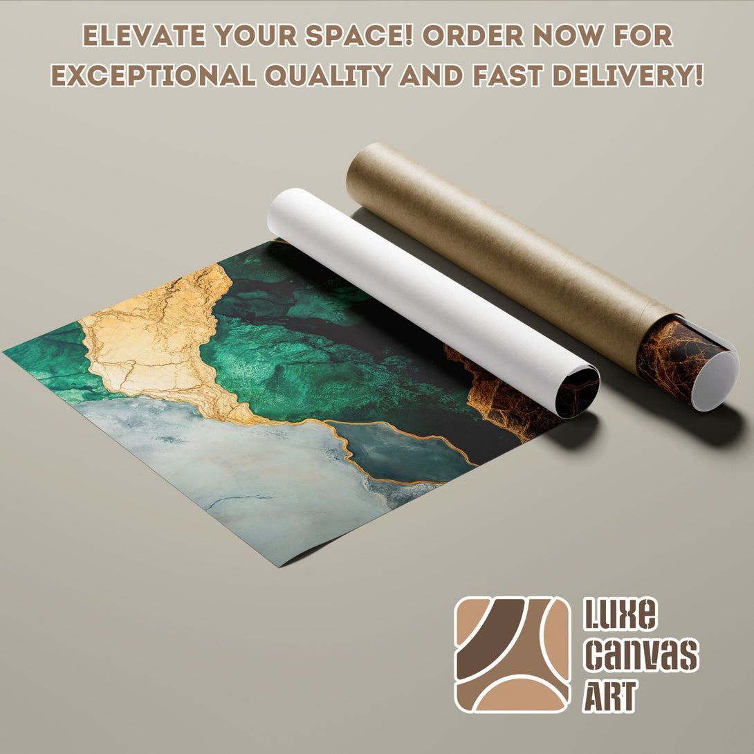 Poster Roll featuring abstract art in green, gold, and neutral tones. Elevate your decor with this stunning poster!