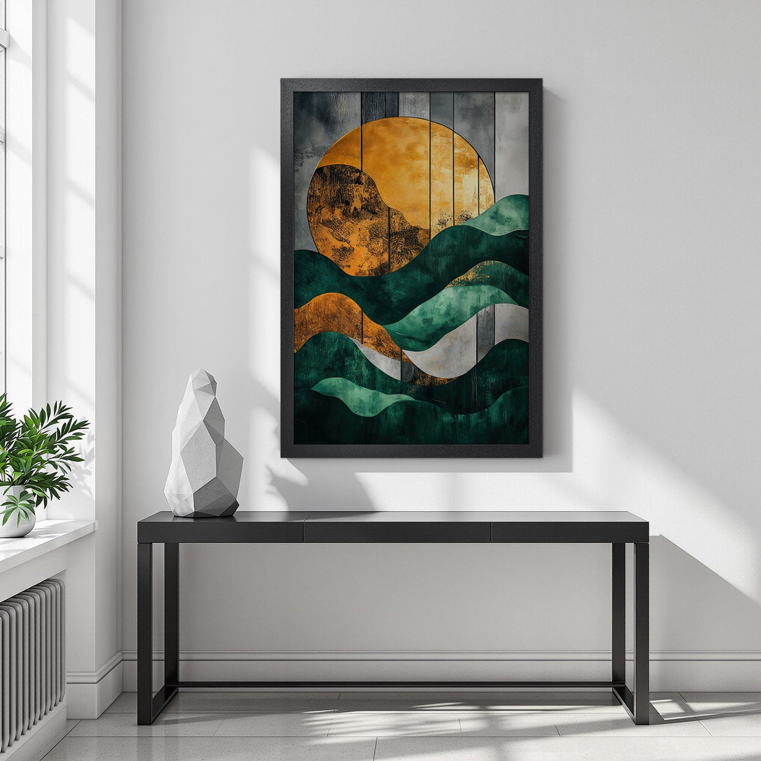 Framed Poster featuring abstract landscape art with a warm gold and green color palette, perfect wall decor.