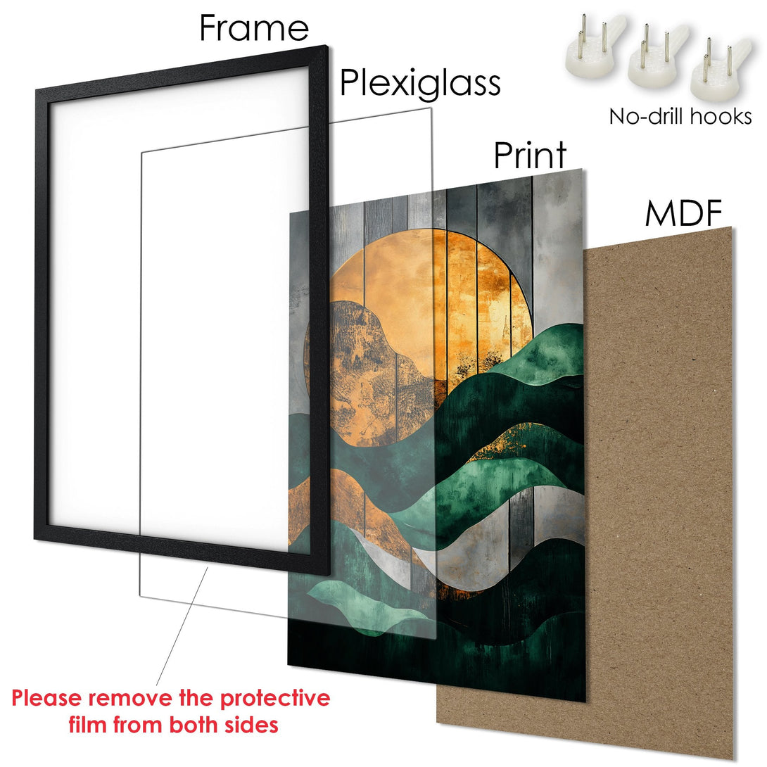Framed Poster featuring abstract landscape art in green, gold, and gray tones. Modern wall decor for your home.