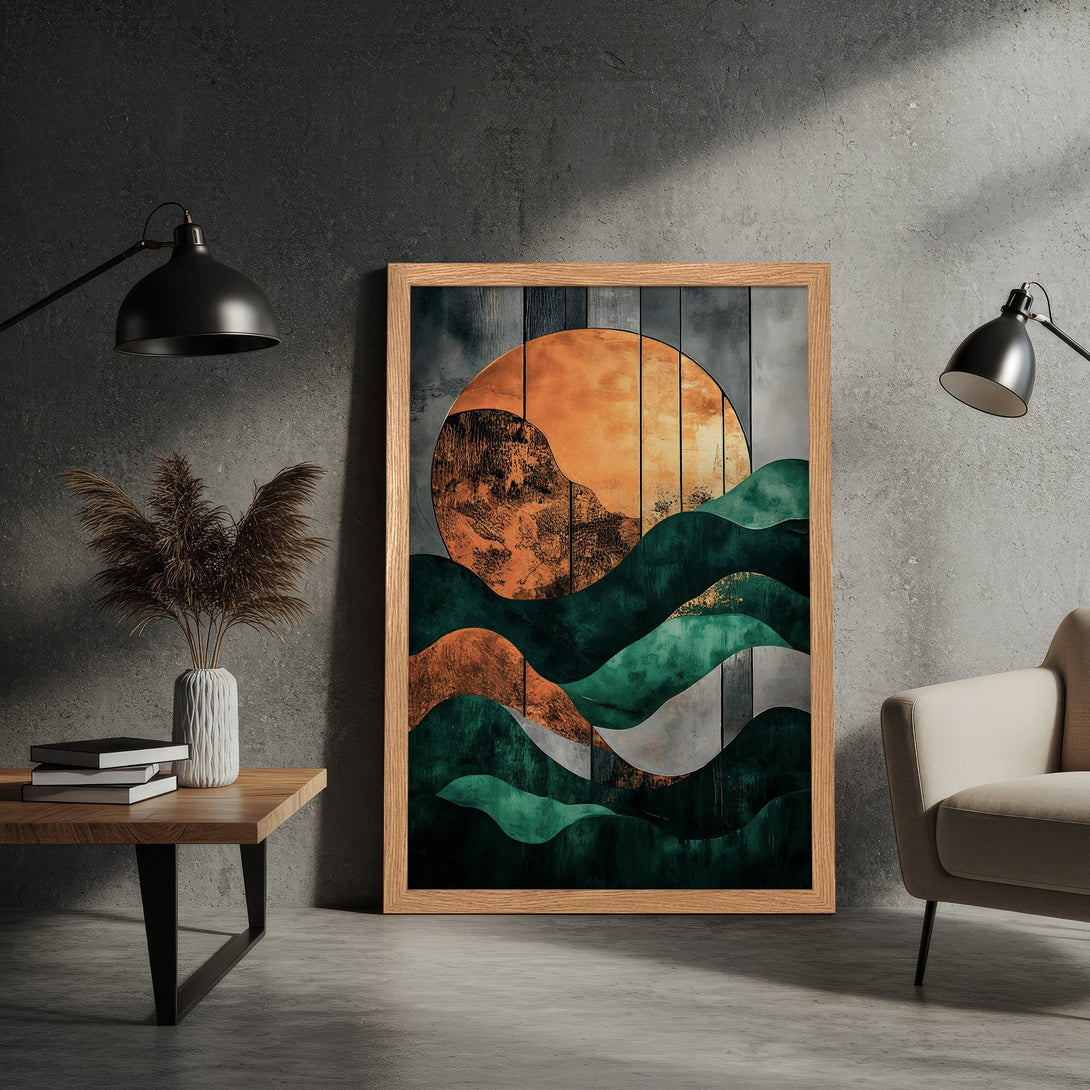 Framed Poster featuring abstract landscape art in green, orange, and gray tones. Modern wall art for home decor.
