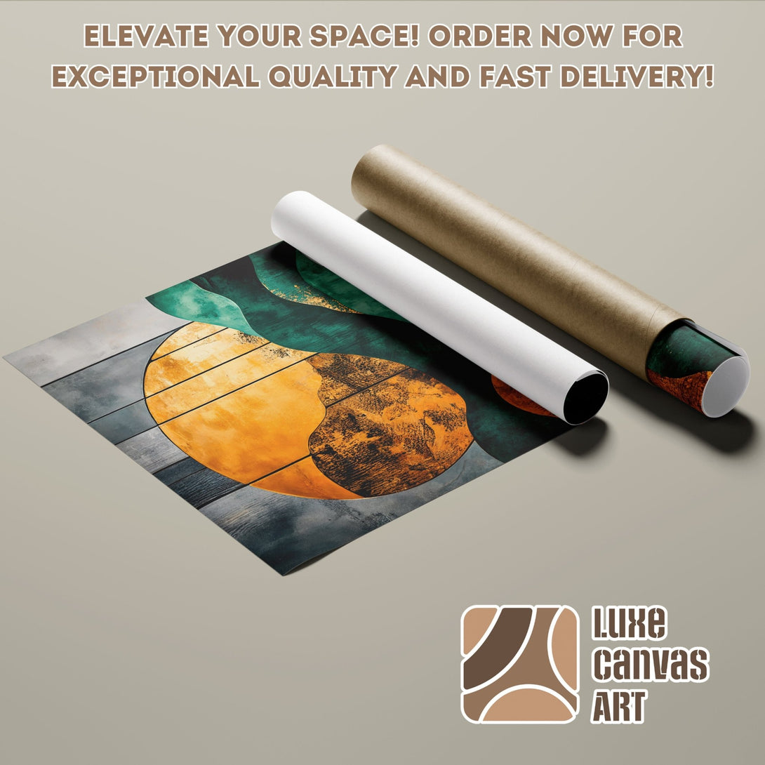 Abstract art Poster Roll with orange, green, and gray color palette. Elevate your space with Luxe Canvas Art! Order now!