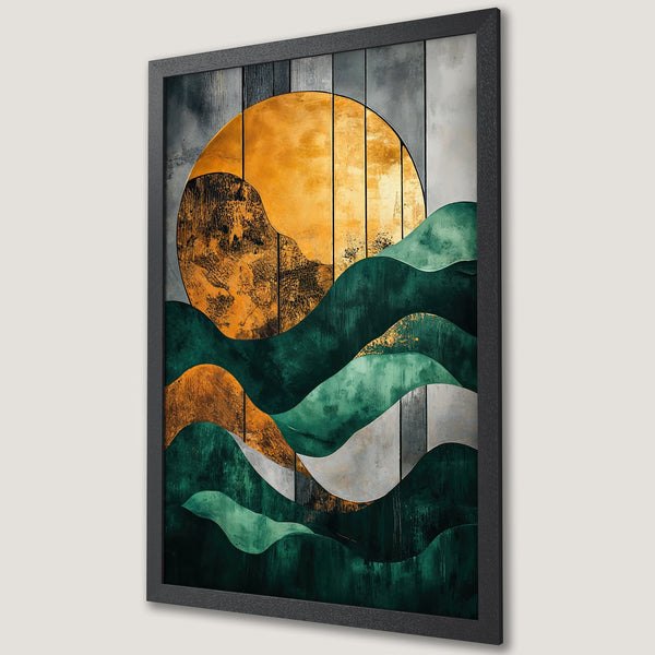 Framed Poster featuring abstract landscape art with a gold, green, and gray color palette. Modern wall decor.