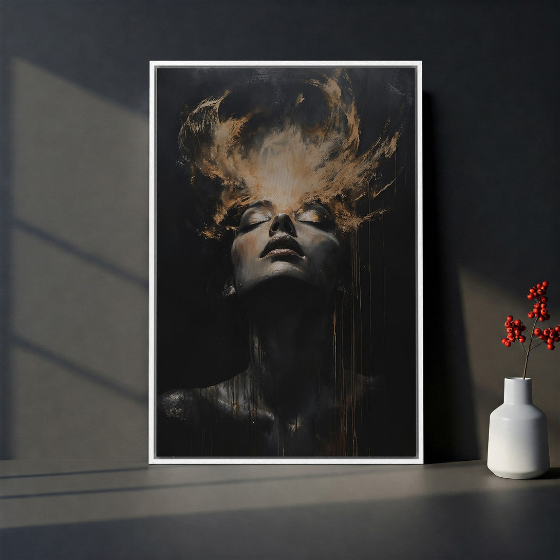 Framed Wall Art featuring a woman's portrait in a dark, artistic style with gold accents. Adds elegance to any bedroom. Neutral color palette.