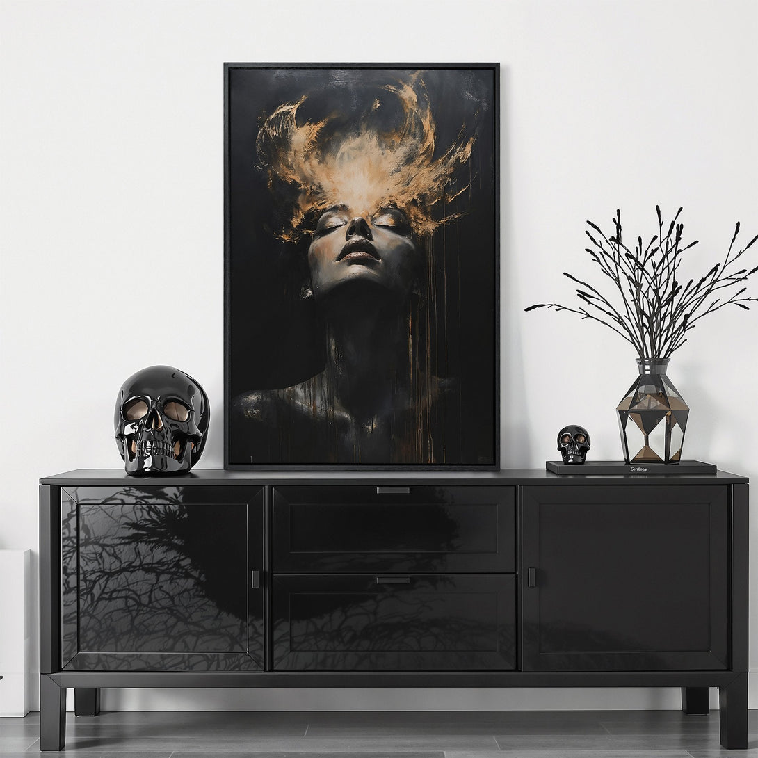 Framed Wall Art: Abstract portrait canvas print in a modern interior. Features a woman with gold accents on a black background. Perfect for home decor.