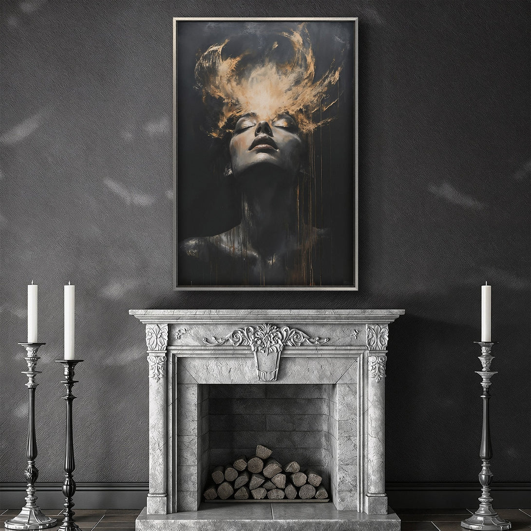 Framed Wall Art: Abstract portrait canvas print with a woman's face in a dark, moody style. Features gold and black color palette, perfect for bedroom decor.