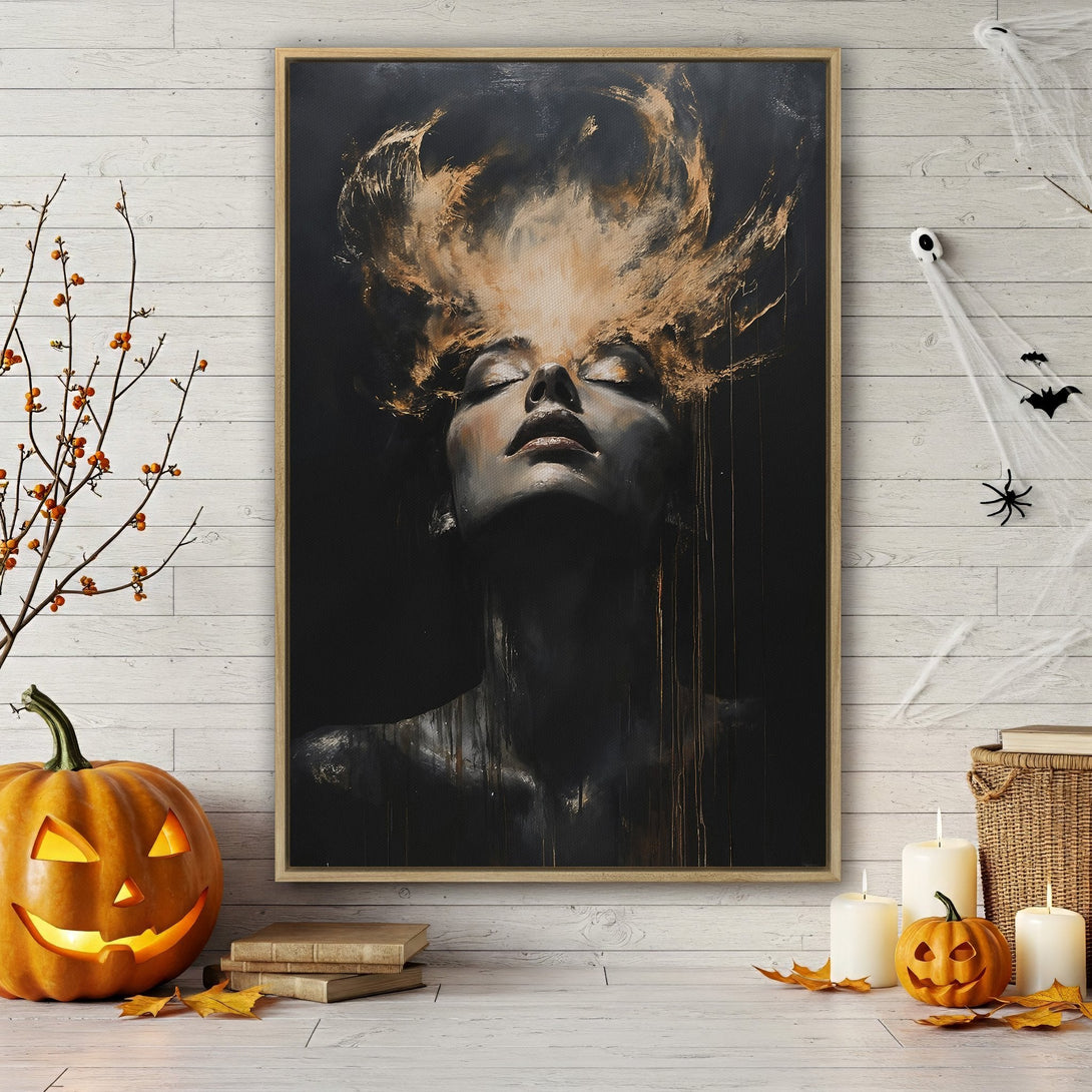 Framed Wall Art: Abstract portrait of a woman in a bedroom. Dark, moody art with gold accents. Modern decor for your home.