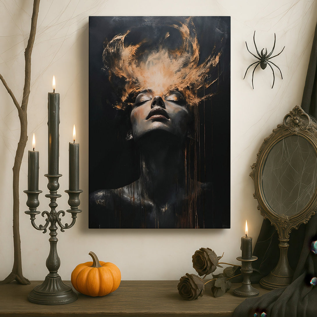 Framed Wall Art: Dramatic portrait Canvas Print with a woman's face, dark and gold tones. Perfect for adding a touch of elegance to any room.