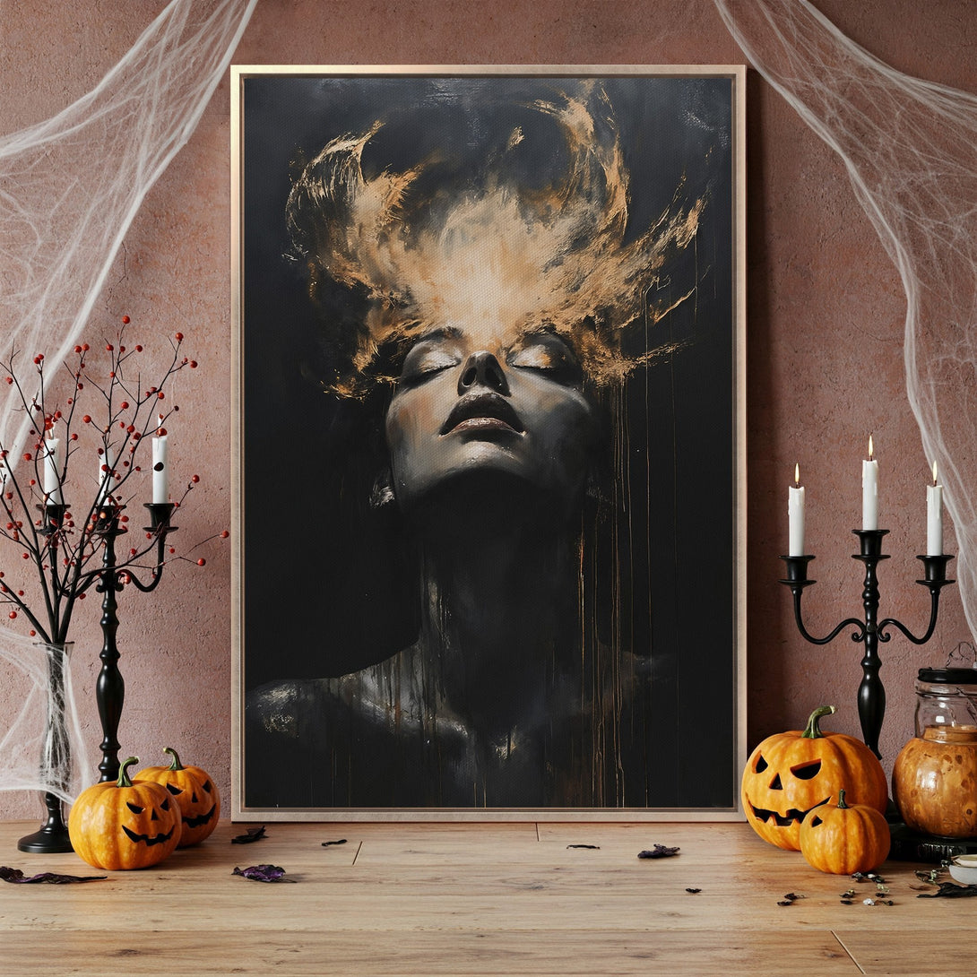 Framed Wall Art featuring a woman's portrait with a dark, artistic style. Elegant decor in a blush and gold color palette, perfect for modern interiors.