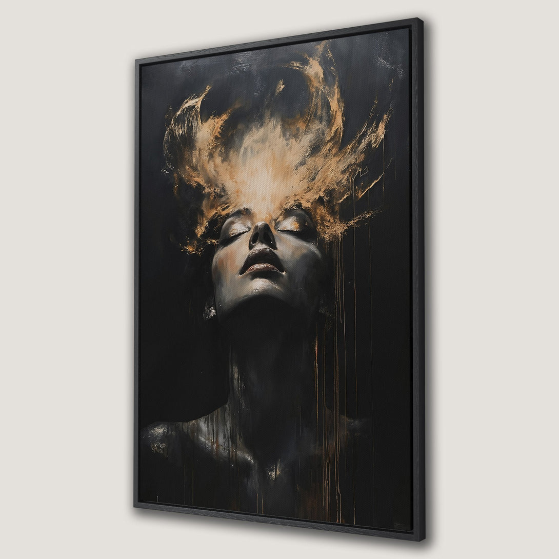 Framed Wall Art: Stunning portrait of a woman with closed eyes, gold and black abstract art. Perfect for modern home decor. Shop now!