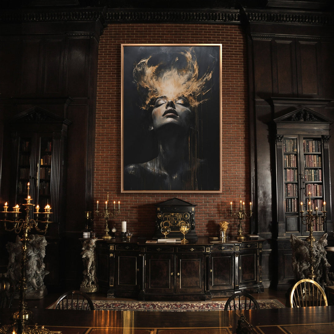 Framed Wall Art: Abstract portrait in black, gold, and white. Modern art canvas print adds elegance to a living room interior.