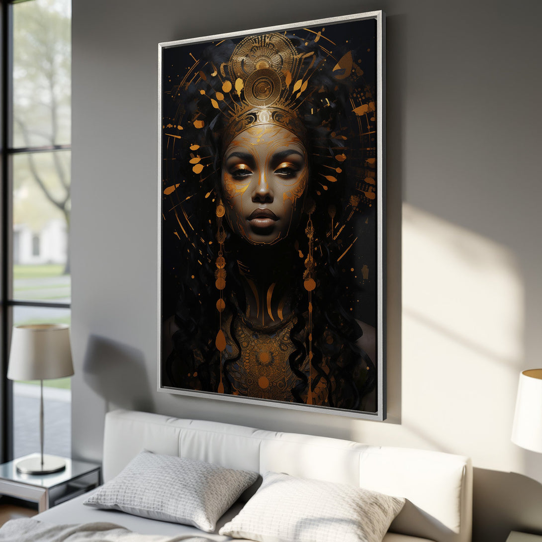Framed Wall Art: Stunning portrait of a woman with gold accents on a black background. Modern art, perfect for bedroom decor. Rich gold and black color palette.