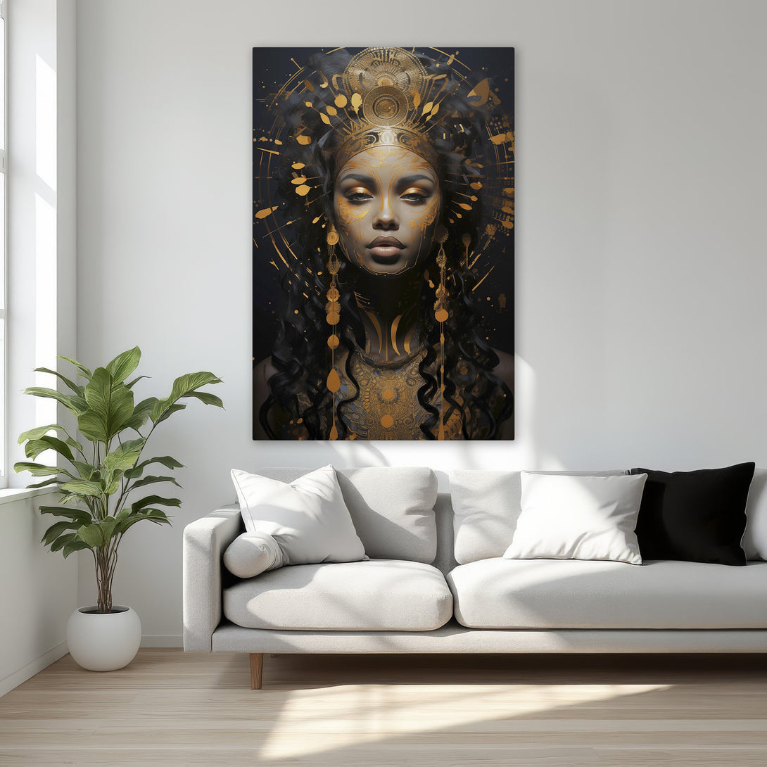Framed Wall Art featuring an elegant woman with gold accents on a black background. Luxurious art with a gold and black color palette.