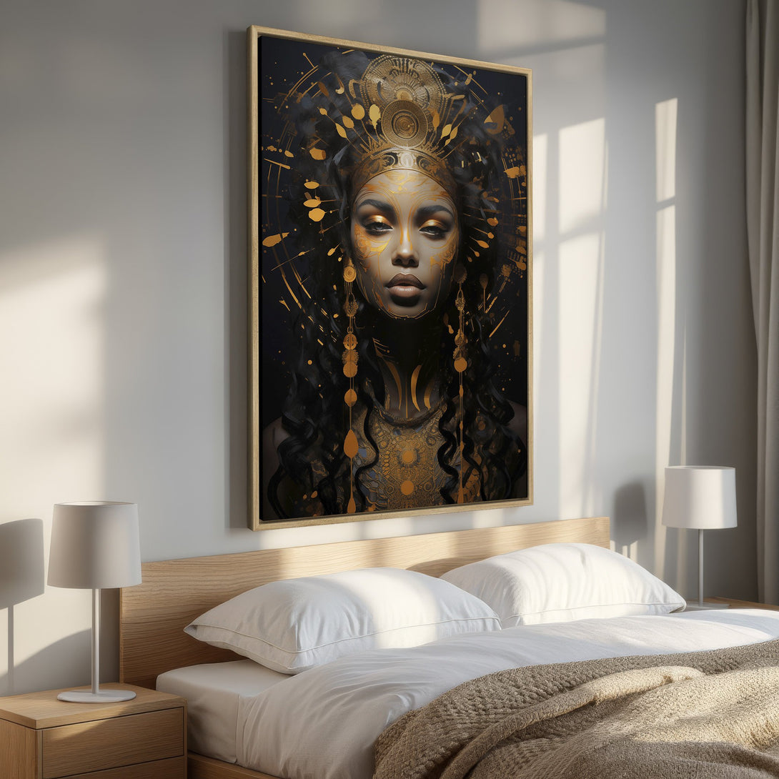 Framed Wall Art featuring a regal woman with gold accents on a black background. A stunning piece with an elegant, dark, and golden color palette.
