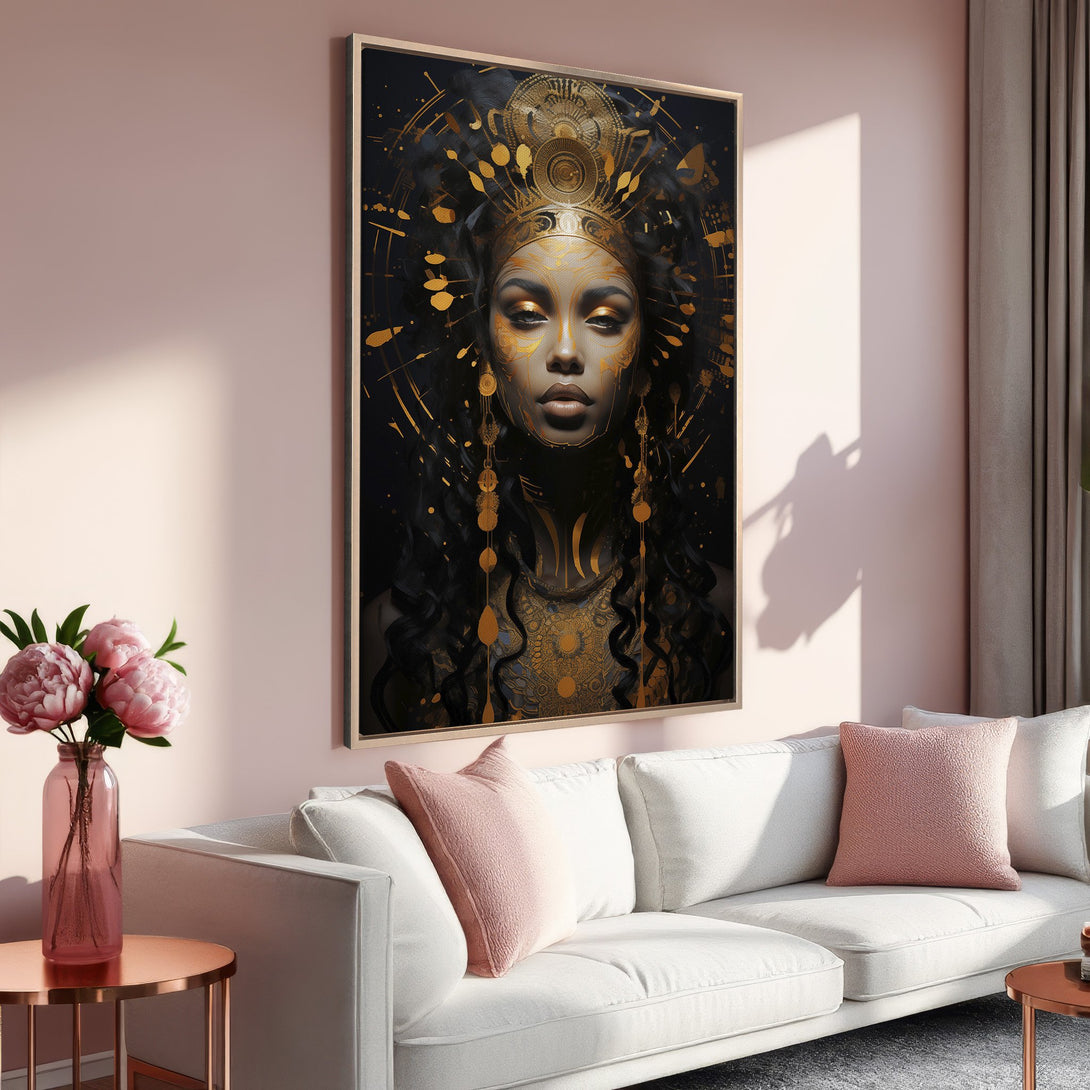 Framed Wall Art: Elegant woman portrait with gold accents on black canvas. Modern decor in a pink and gold color palette. Shop art prints now!