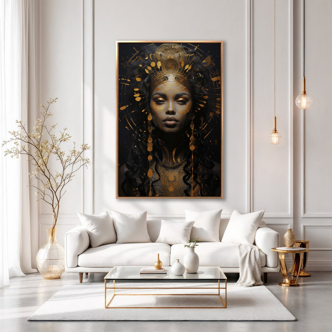 Framed Wall Art: Elegant portrait of a woman with gold accents, displayed in a modern interior. Black, gold, and white color palette. Elevate your space!