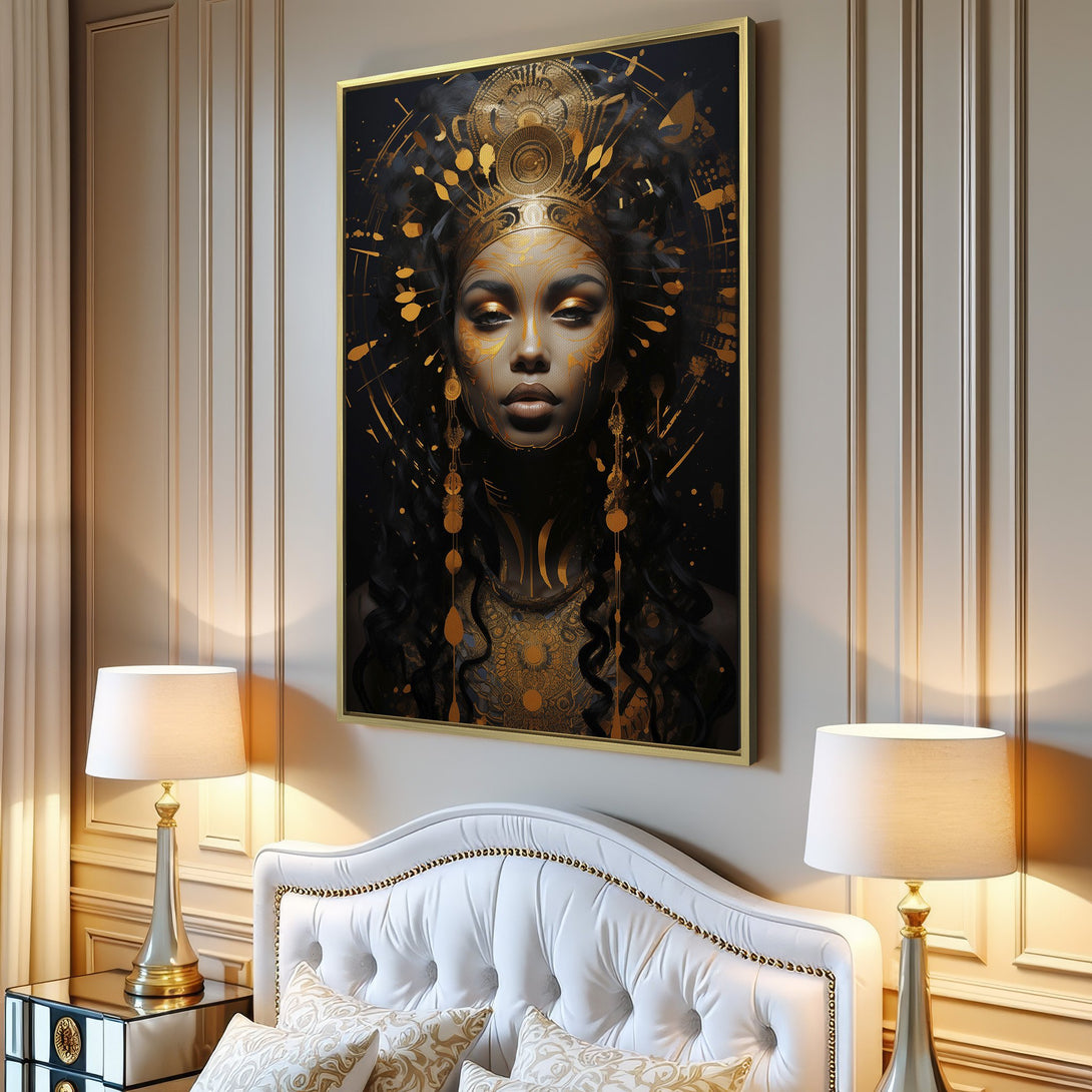 Canvas Print featuring a regal woman with gold accents on a black background. Modern art with a striking gold and black color palette.