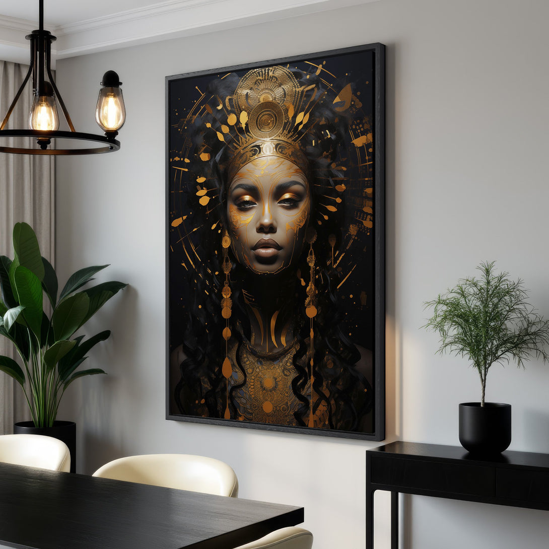 Framed Wall Art featuring a regal woman in gold and black. Modern, artistic style. Perfect for adding a touch of luxury to any space. Shop now!
