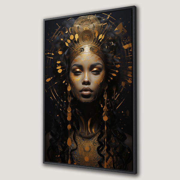 Framed Wall Art of a regal woman with gold accents on a black background. Modern art, perfect for adding a touch of elegance to any space.
