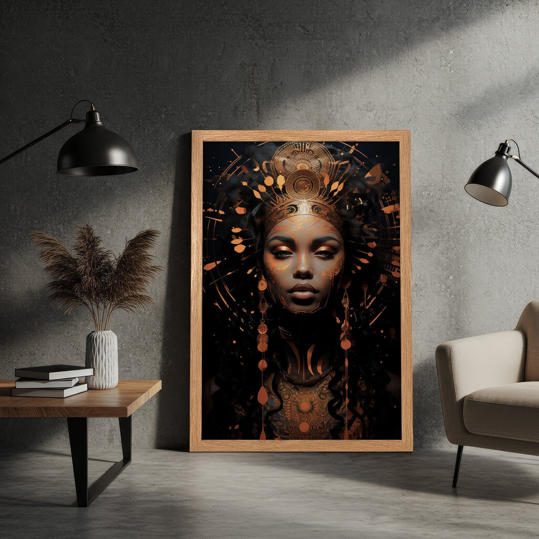 Framed Poster featuring a regal woman in a stylized, dark, and gold color palette. Perfect art for your home!