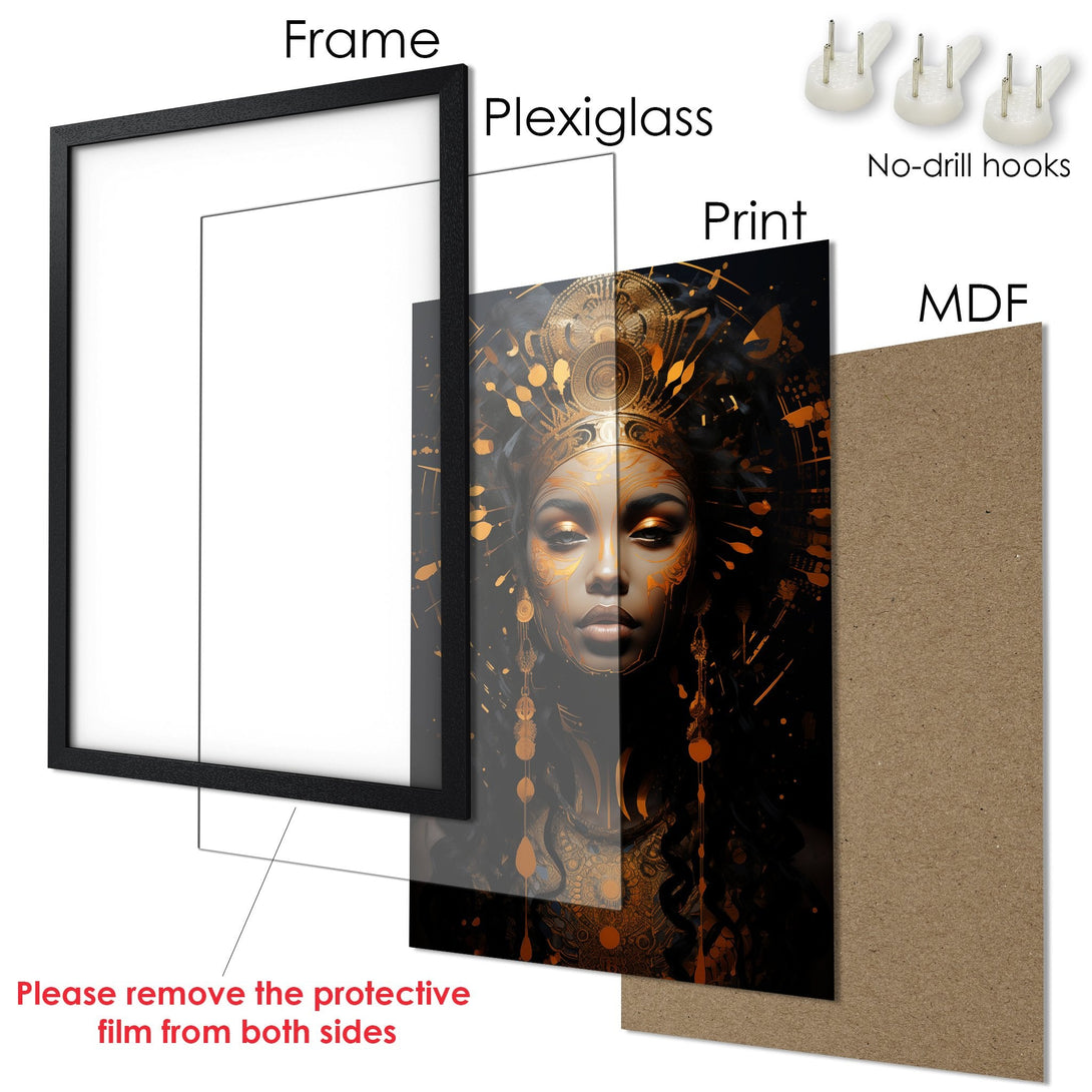 Framed Poster featuring a woman with gold accents, in a dark and gold color palette. Perfect wall art!