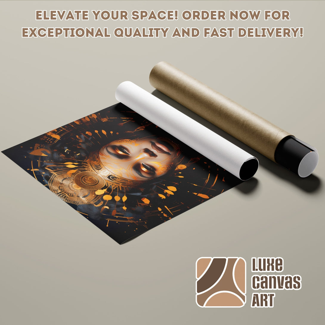 Poster Roll featuring a woman's face in a dark, artistic style with gold accents. Elevate your space with this unique art poster.