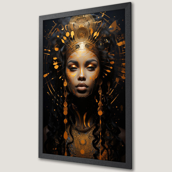 Framed Poster featuring a regal woman with gold accents on a black background. Modern art style with a gold and black color palette.