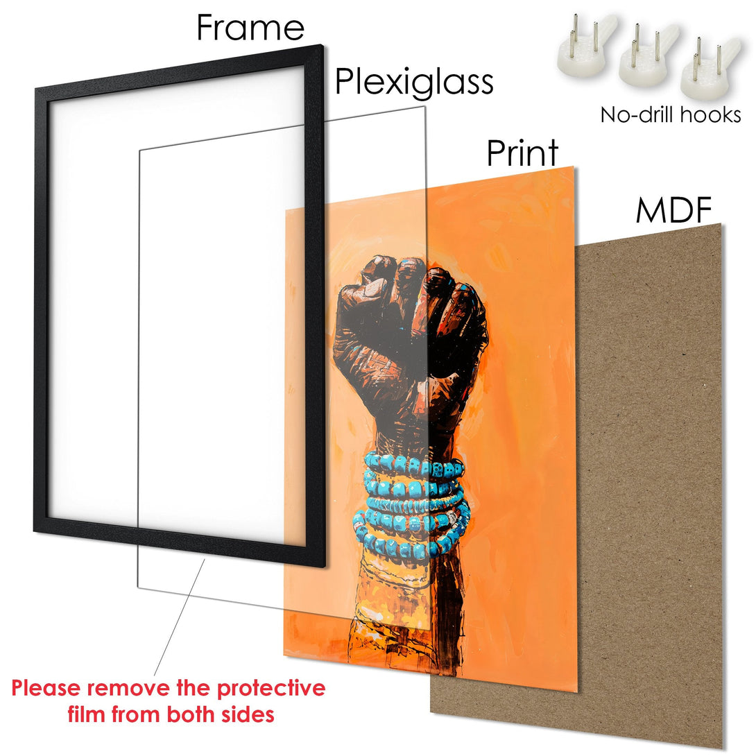 Framed Poster featuring a powerful fist in an orange and teal color palette. Modern art print for home decor.