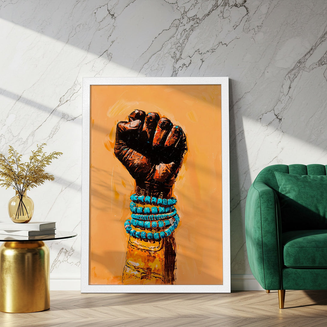Framed Poster featuring a powerful fist with turquoise bracelets, in a vibrant orange, brown, and teal color palette. Modern art for your space!