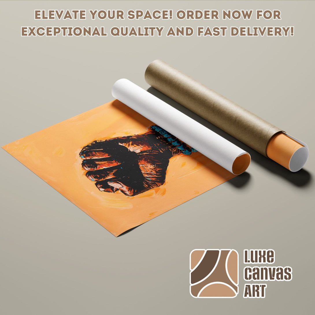 Poster Roll featuring abstract art with orange, black, and blue hues. Elevate your space with Luxe Canvas Art!