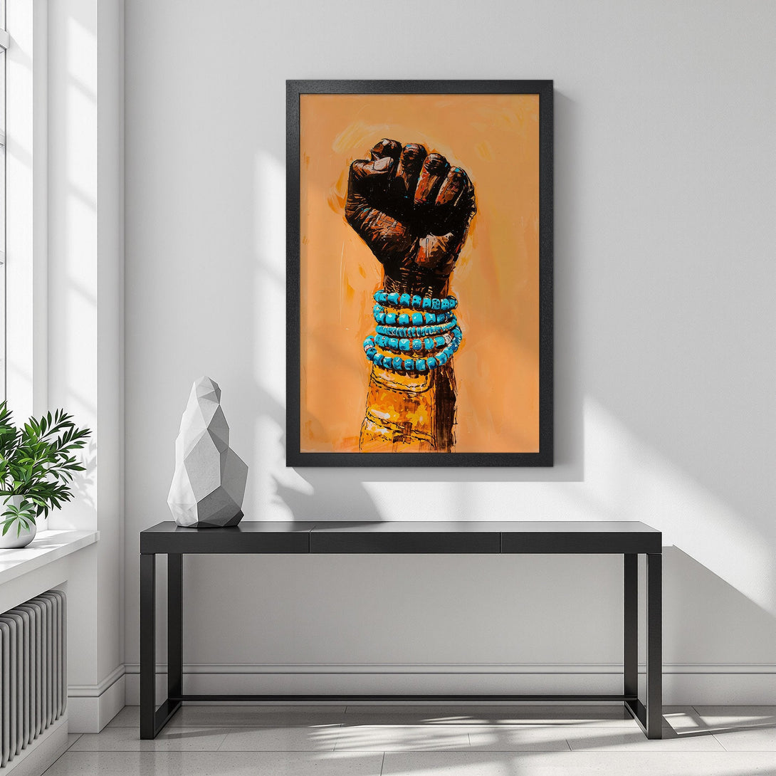 Framed Poster featuring a powerful fist with turquoise bracelets, warm orange and brown tones, modern art style. Elevate your space!