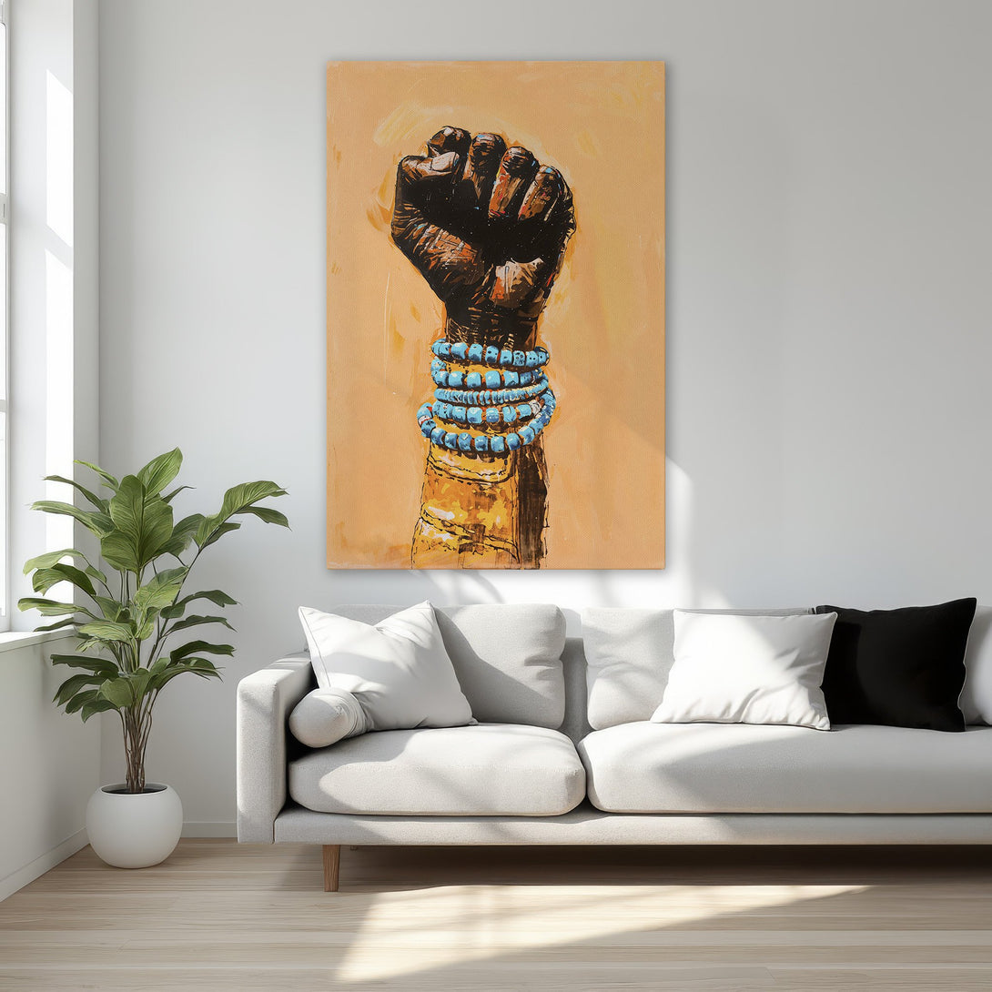 Framed Wall Art featuring a powerful fist with blue bracelets, painted in a modern style with warm orange and brown tones. Perfect for home decor.