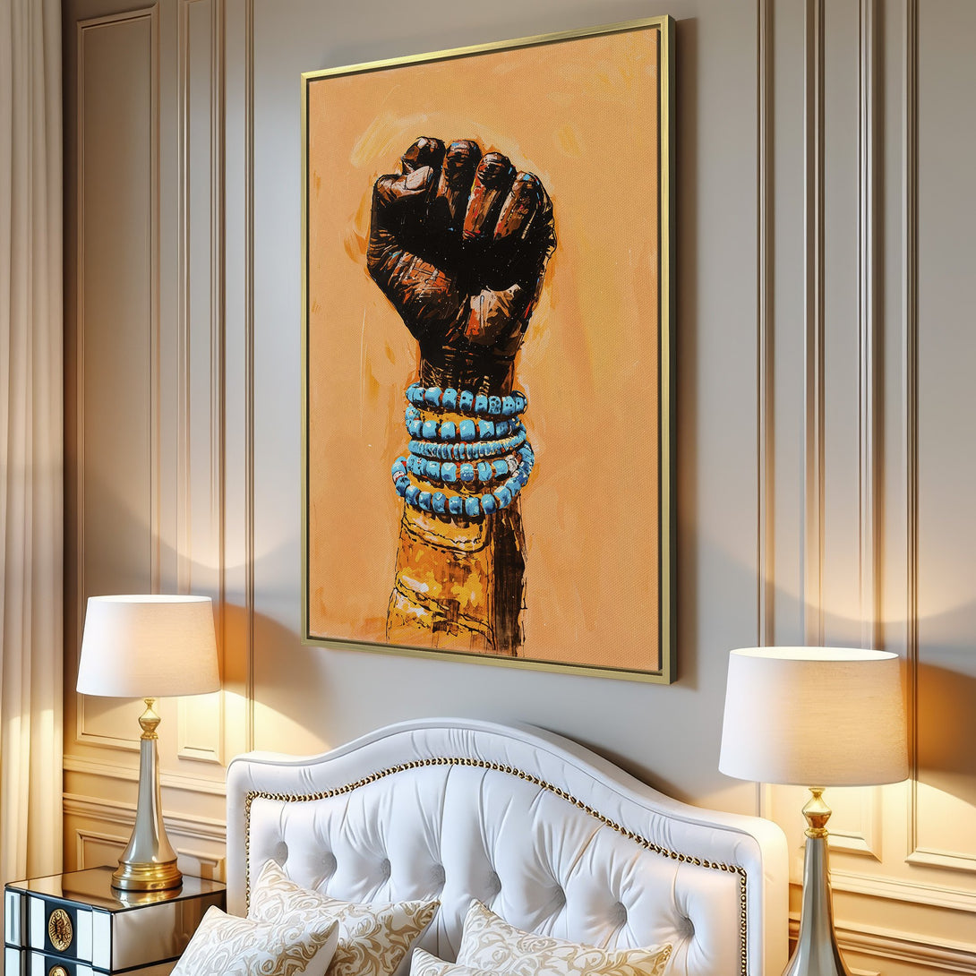 Canvas Print of a raised fist with turquoise bracelets, warm earth tones. Modern wall art for a statement piece.
