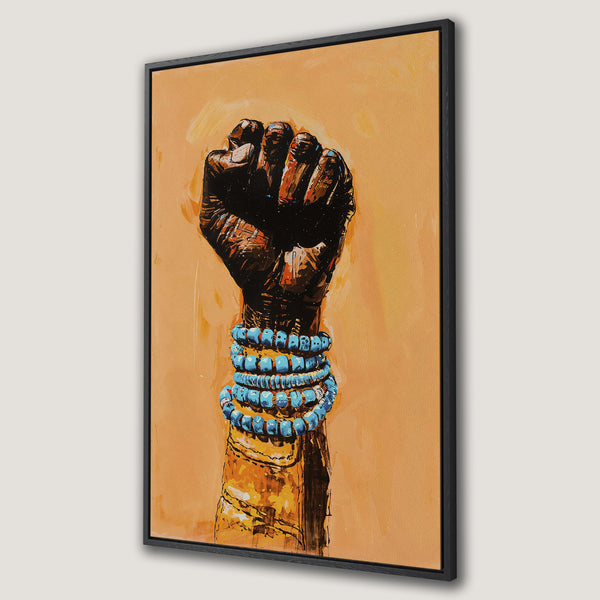 Framed Wall Art: Powerful fist with turquoise bracelets. Bold, expressive art in warm orange and brown tones. Add a statement piece to your space!